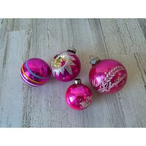 Vintage shiny bright pink indent ball ornament glitter sleigh striped Xmas tree